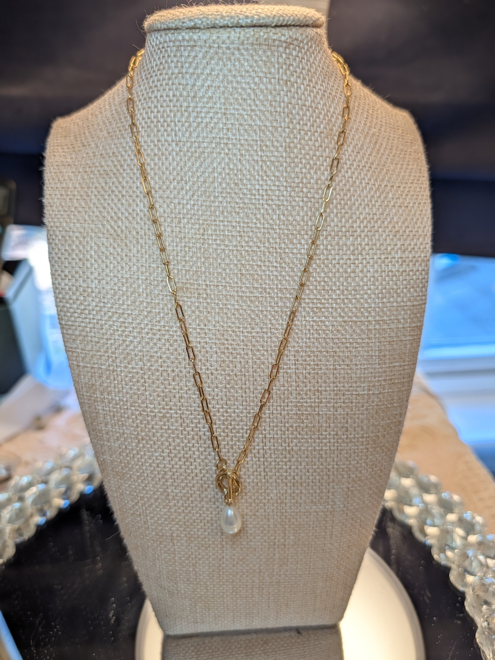Delicate Gold Link Necklace with White Pearl Drop